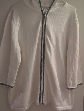 CJ Banks White Hooded Zip-Front Jacket with Black Trim. 1x
